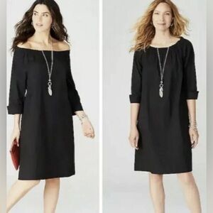 Back shift dress, cuffed sleeves, on or off the shoulder